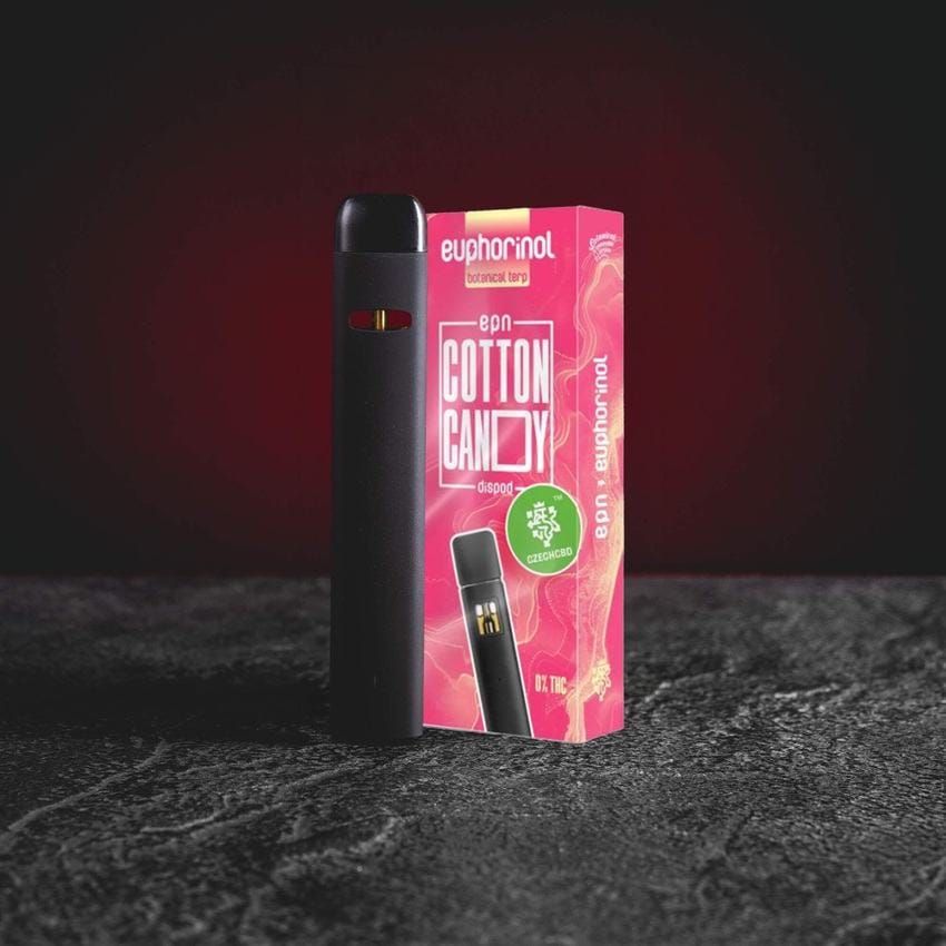 prémiový EPN Dispod 0,5ml s polosyntetickým kanabinoidem EPN, sladký a hravý aromatický profil Cotton Candy, povzbuzující a vyvážený charakter bez snižování úrovně vědomí, jednorázový vape Kratom World