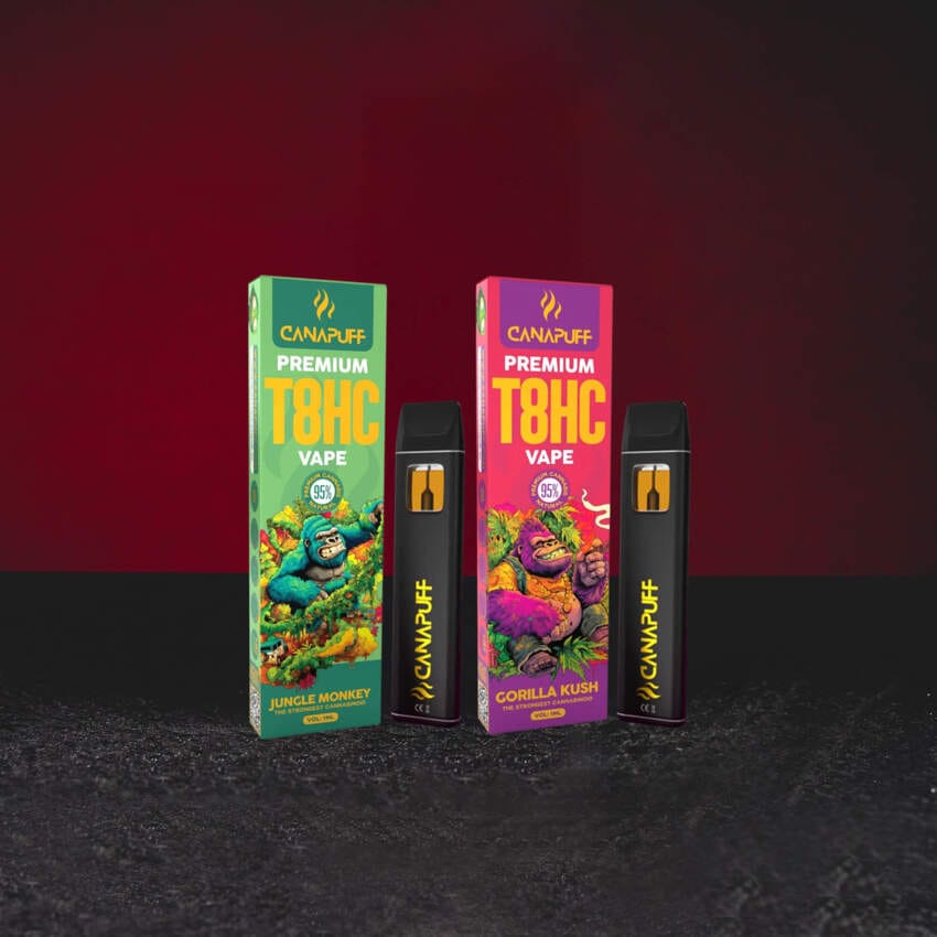 T8HC Vape 1 ml set variant Jungle Monkey a Gorilla Kush, nový typ kanabinoidu T8HC, jednorázové vaporizéry s vyváženým profilem euforie a relaxace, kompletní nabídka Kratom World