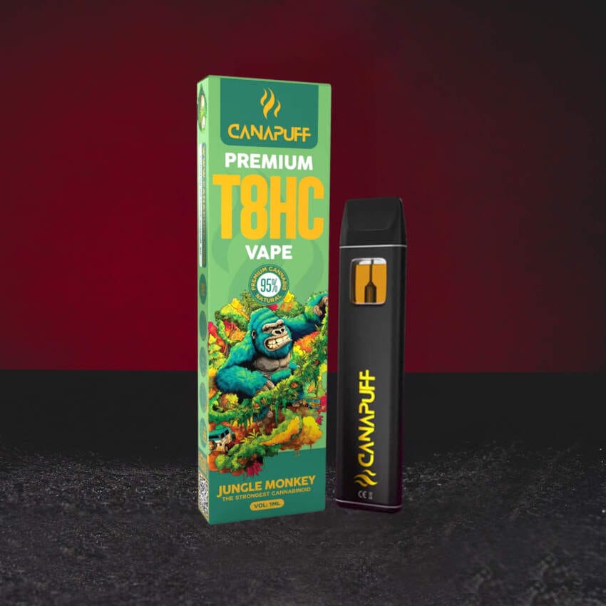 T8HC Vape 1 ml Jungle Monkey, jednorázový vape s kanabinoidem T8HC, svěží tropický a citrusový profil s bylinnými tóny, lehce euforický a uvolňující charakter, vyvážený efekt bez mentálního přetížení, Kratom World prodej