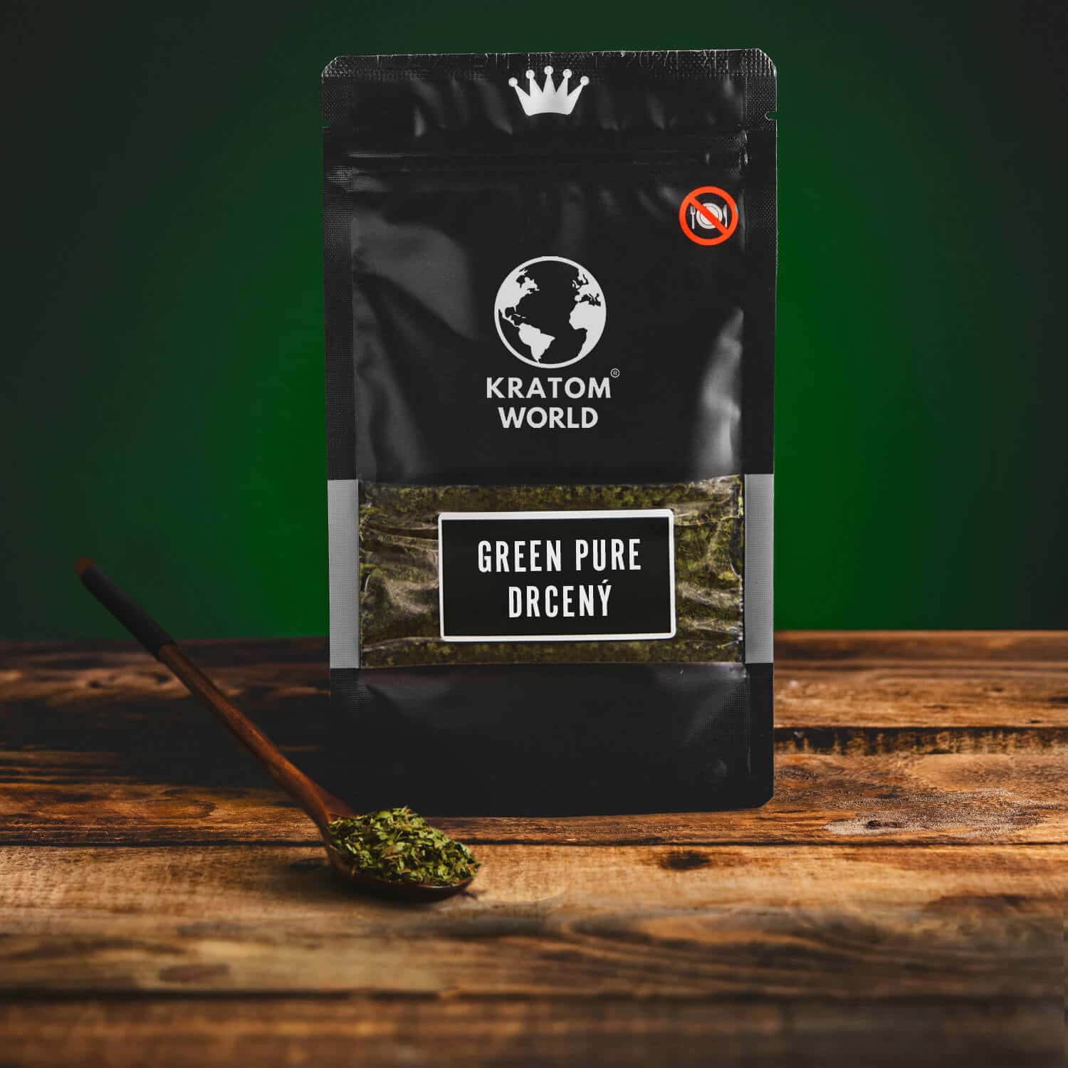 Kratom World Green kratom listy drcený zelený se lžičkou