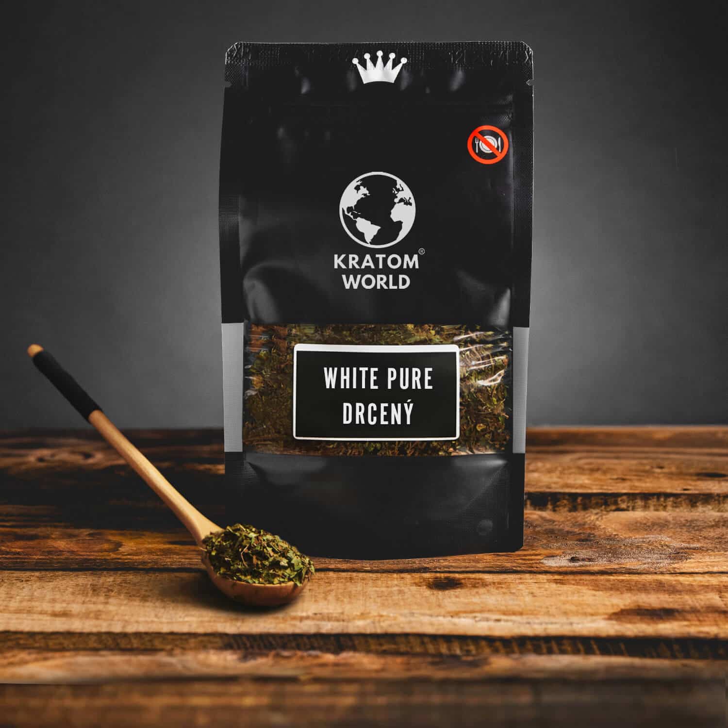 Kratom World White kratom listy drcený bílý se lžičkou
